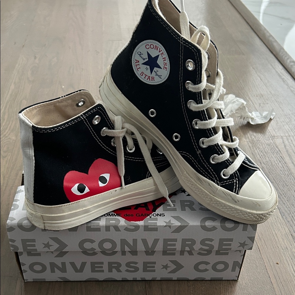 Comme des Garçons PLAY Peek a Boo Converse Black and Red High-Top Sneakers